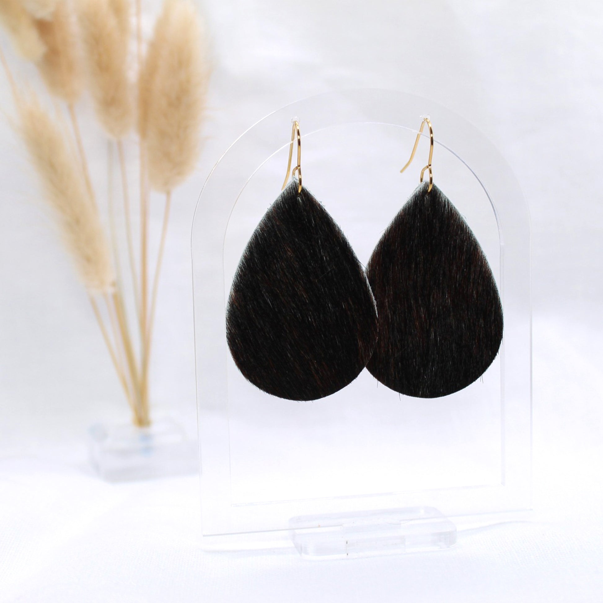 Genuine Cowhide Black Dangle - Polymer Clay earrings & Studs | Genuine leather natural pearl jewelry - km-uniquely-adorned