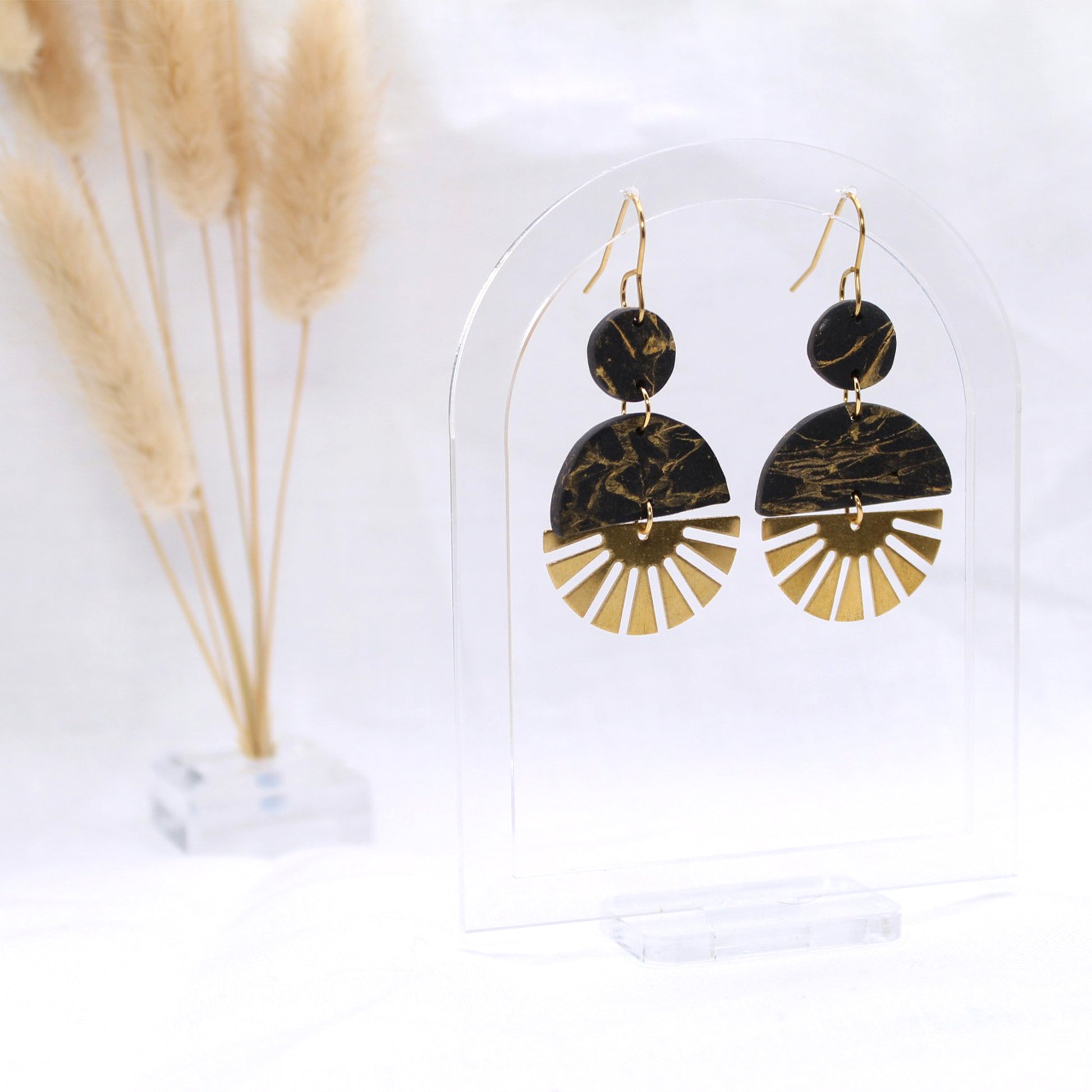 Brynn Dangle - Polymer Clay earrings & Studs | Genuine leather natural pearl jewelry - km-uniquely-adorned