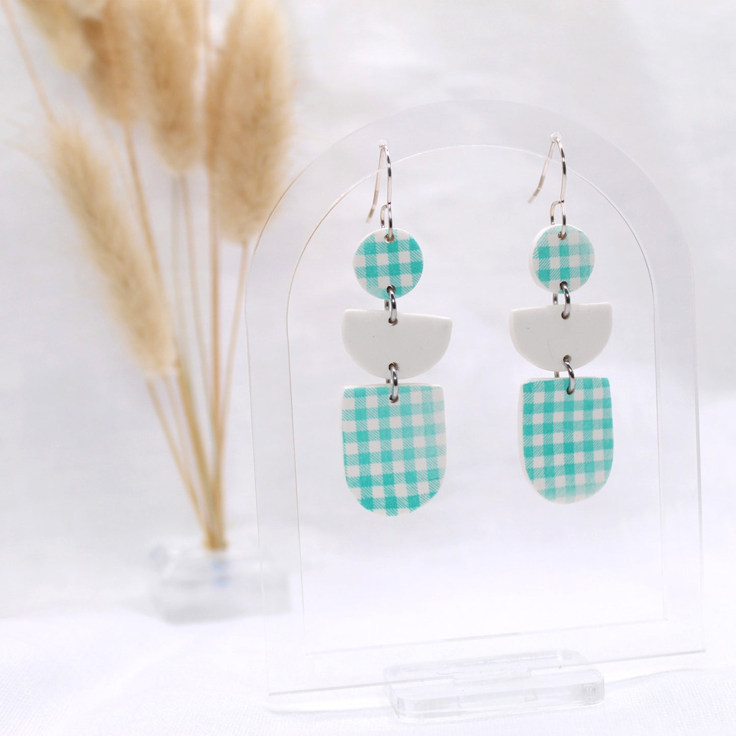 Gingham Dangle - Polymer Clay earrings & Studs | Genuine leather natural pearl jewelry - km-uniquely-adorned