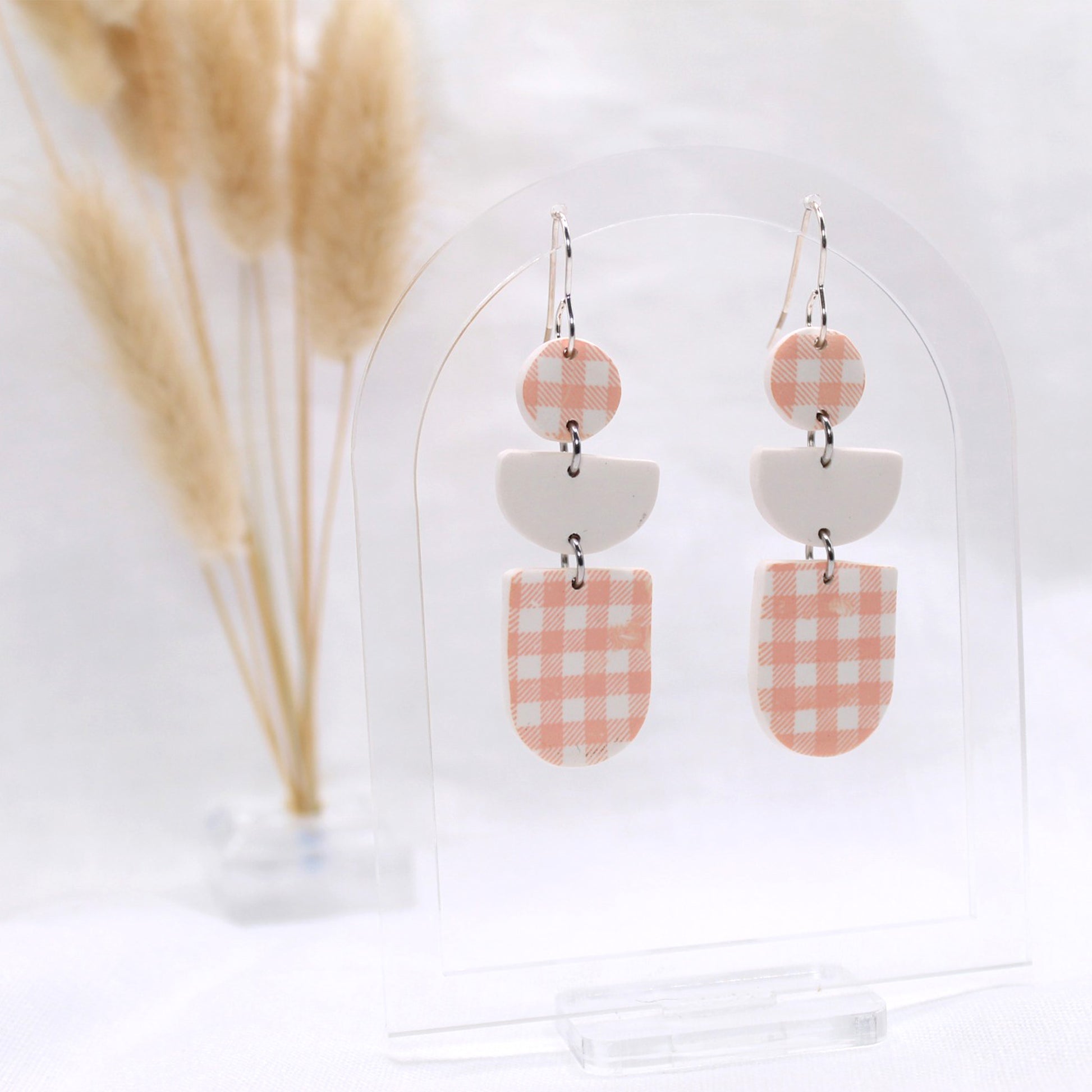 Gingham Dangle - Polymer Clay earrings & Studs | Genuine leather natural pearl jewelry - km-uniquely-adorned