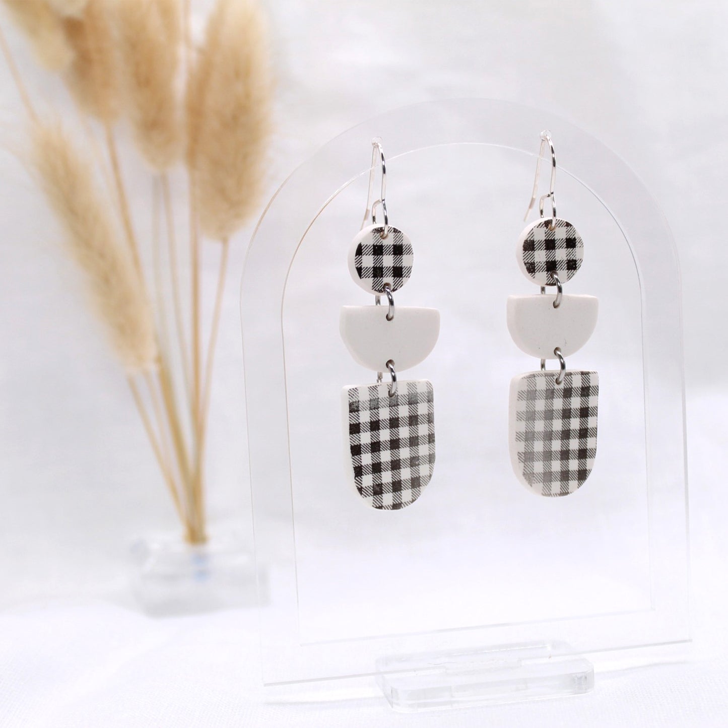 Gingham Dangle - Polymer Clay earrings & Studs | Genuine leather natural pearl jewelry - km-uniquely-adorned