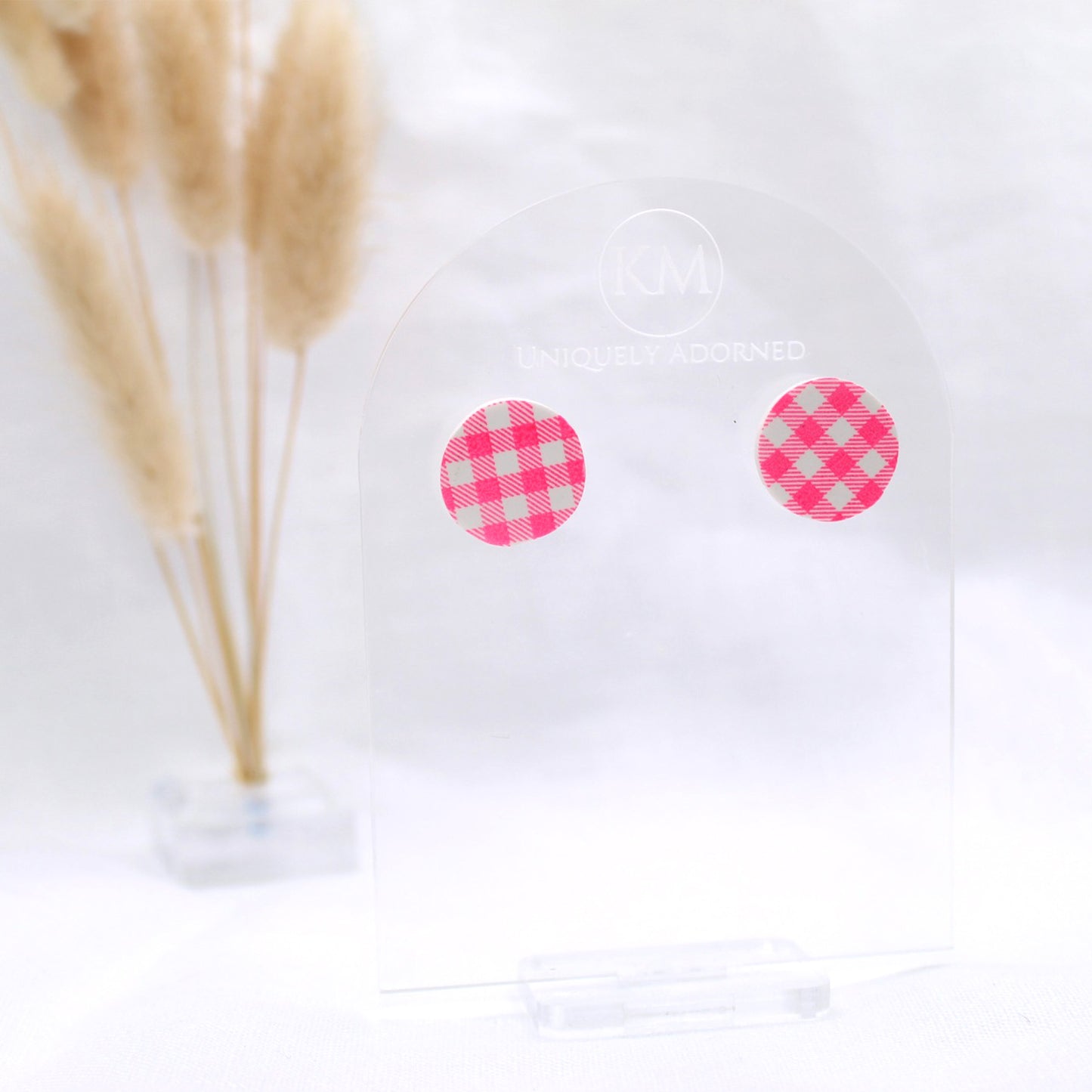 Gingham Stud - Polymer Clay earrings & Studs | Genuine leather natural pearl jewelry - km-uniquely-adorned