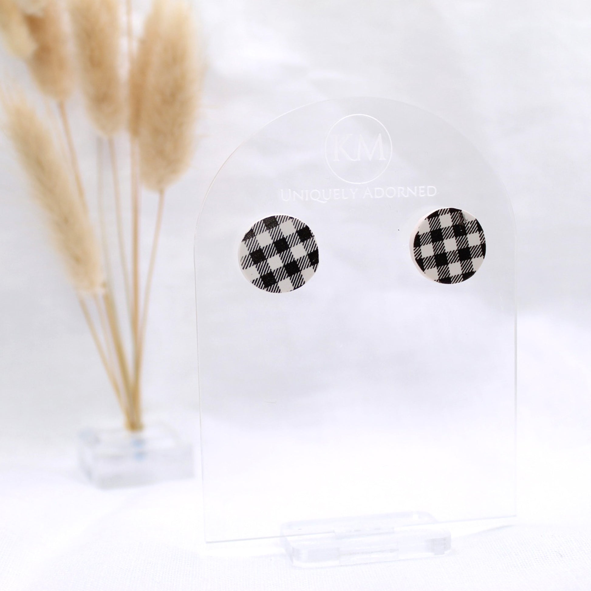 Gingham Stud - Polymer Clay earrings & Studs | Genuine leather natural pearl jewelry - km-uniquely-adorned